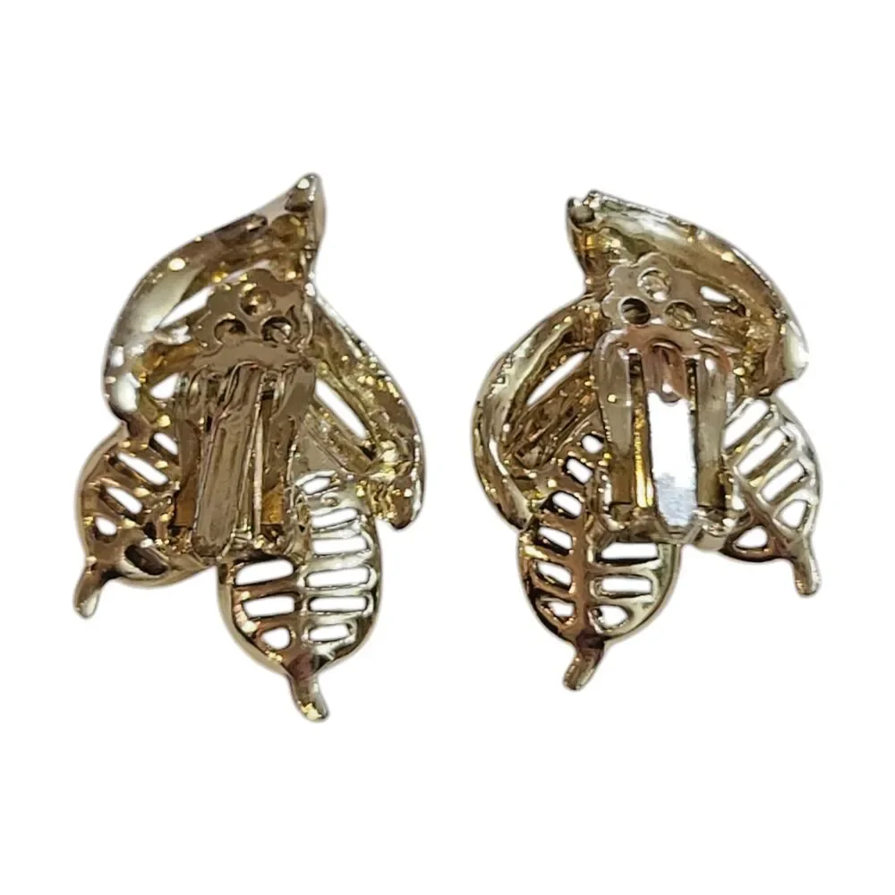 Vintage 80s Gold Tone Corn Flower Leaf Autumn Fall Clip On Earrings